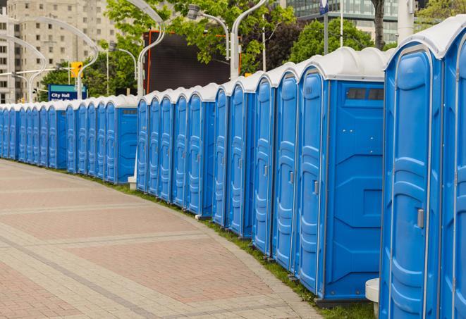 portable restrooms with sink and hand sanitizer stations, available at a festival in Bladensburg, MD